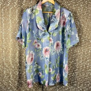 Homemade Sheer Floral Collared Button Up Top‎ Shirt
